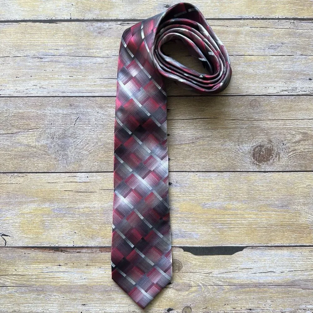 Pierre Cardin‎ Mens Geometric Plaid Tie Burgundy Grey Black Tie Chain Accessory